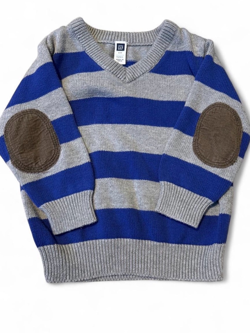 GAP Blue and Gray Striped V-Neck Sweater with Dark Grey Elbow Patches